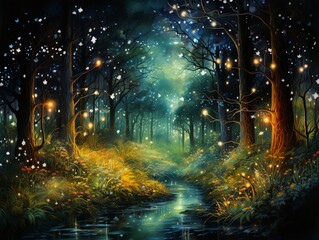 Enchanting forest with glittering stars, a moonlit path through mystical trees, ethereal glow, watercolor painting