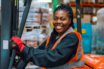 Female african american Warehouse employee driving a forklift