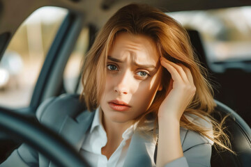 Well dressed woman feeling stressed in a car