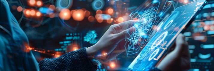 AI, data science, digital technology concept. Computer programmer using digital tablet with AI machine learning, data management system, cloud computing technology, software development