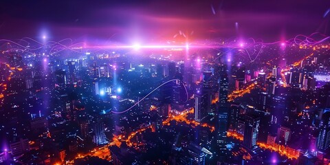 Nighttime Cityscape from Above: Vibrant Lights Illuminate the Urban Landscape. Concept Cityscape Photography, Nighttime Views, Urban Landscapes, Vibrant Lights, Aerial Perspectives