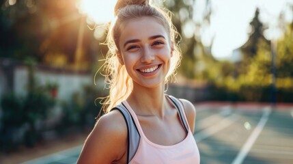 Young smiling woman doing sports in the morning generative ai