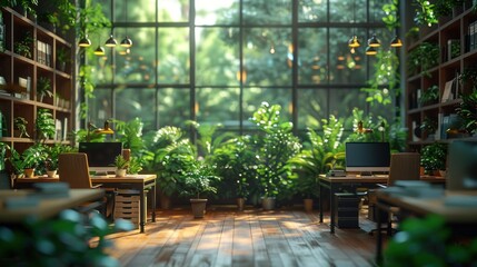 Fototapeta premium Office interior design with environmentally friendly green plants and glass walls