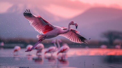 A group of flamingos flying over the lake - Powered by Adobe