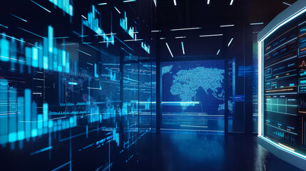 stock market performance data display on virtual screens, business or economy growth data statistics 