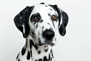 Dalmatian dog with black and white spots looking at camera in pet lifestyle portrait photography
