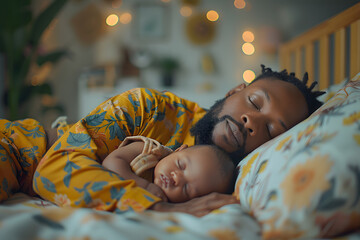 Black man father sleeping with daughter or son child. Caring father hugs his baby tenderly. Father's Day or Children's Day concept