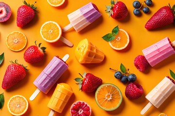 Bright colorful fruit and berry popsicle ice lolly frozen summer juice dessert