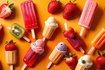 Bright colorful fruit and berry popsicle ice lolly frozen summer juice dessert