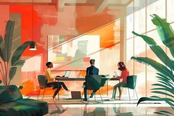 interior designers collaborating in modern office meeting room digital illustration