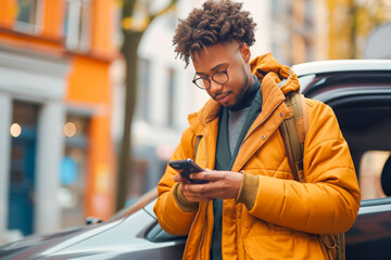Young african american man standing on the street and opening a car door while using a mobile phone