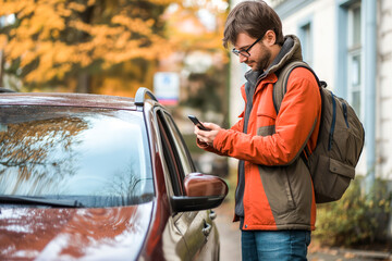 Young man standing on the street and opening a car door while using a mobile phone
