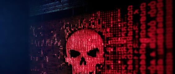 Skull on a Matrix Background with copy space. Digital background. A stream of binary matrix code on the screen. numbers of the computer matrix. PC virus concept. cyber security concept.