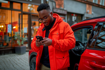 Young african american man standing on the street and opening a car door while using a mobile phone