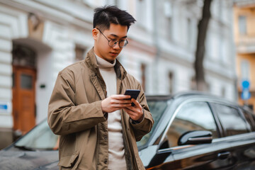 Young asian man standing on the street and opening a car door while using a mobile phone