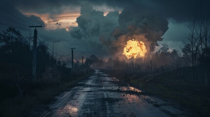 Obraz premium A catastrophic scene with a nuclear explosion illuminating a dark sky, an empty road winding away from the blast, signifying the aftermath of a nuclear catastrophe