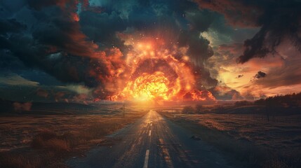 A catastrophic scene with a nuclear explosion illuminating a dark sky, an empty road winding away from the blast, signifying the aftermath of a nuclear catastrophe