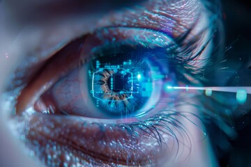 Realistic hologram of human eye and real eye close-up.Laser eye surgery, cataract, ophthalmologist