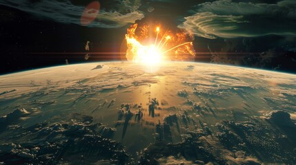 A nuclear detonation as seen from orbit, Earth engulfed in a brilliant explosion, mushroom cloud visible from space
