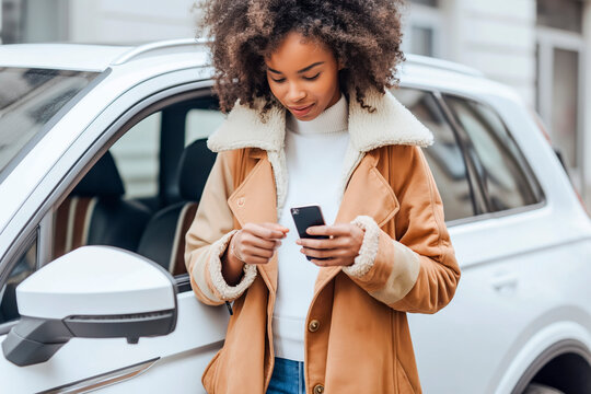 Young african american woman standing on the street and opening a car door while using a mobile phone