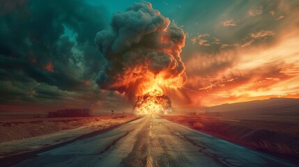 A surreal landscape where a deserted asphalt road runs toward a colossal nuclear blast, the sky painted in eerie shades from the hydrogen bomb