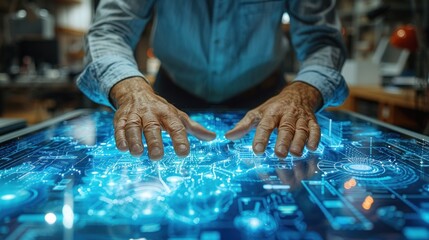 A businessman is touching a sophisticated hologram virtual screen