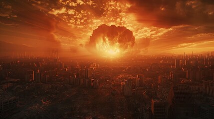 An apocalyptic vision of a city seconds before a nuclear blast, the bomb casting an ominous shadow, intense contrast of light and dark, chaos unfolding