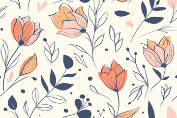 Watercolor floral seamless pattern in doodle style. Print with abstract flowers, leaves, and plants
