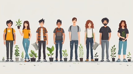 Save planet people poster. Men and women watering plants and picking up trash. Activists and volunteers care about narure and ecology, environment. Cartoon flat vector illustration