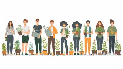 Fototapeta premium Save planet people poster. Men and women watering plants and picking up trash. Activists and volunteers care about narure and ecology, environment. Cartoon flat vector illustration