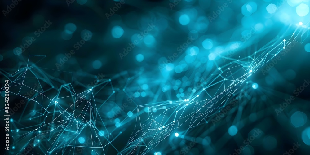 Poster discover the digital realm with an abstract blue background featuring glowing data pathways and circ
