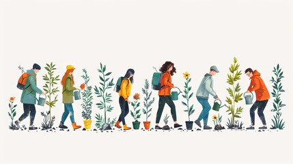 Naklejka premium Save planet people poster. Men and women watering plants and picking up trash. Activists and volunteers care about narure and ecology, environment. Cartoon flat vector illustration