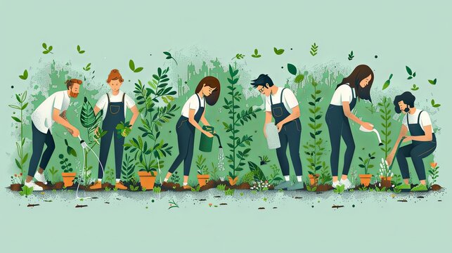 Save planet people poster. Men and women watering plants and picking up trash. Activists and volunteers care about narure and ecology, environment. Cartoon flat vector illustration