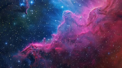 A mesmerizing nebula cloud glowing in bright magentas and electric blues, with a glittering starry night sky providing a cosmic backdrop.
