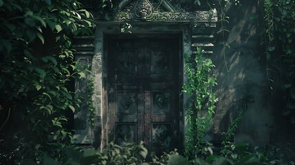 Ancient temple doors, weathered and overgrown with vines, slowly creaking open to reveal an unknown darkness