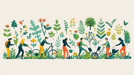 Obraz premium Save planet people poster. Men and women watering plants and picking up trash. Activists and volunteers care about narure and ecology, environment. Cartoon flat vector illustration