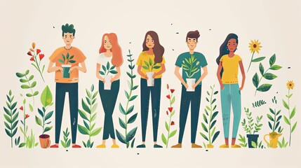 Obraz premium Save planet people poster. Men and women watering plants and picking up trash. Activists and volunteers care about narure and ecology, environment. Cartoon flat vector illustration