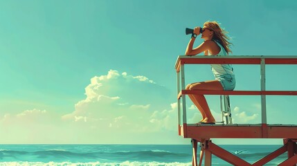A lifeguard is on the lookout for swimmers in distress. She is standing on a wooden tower and is using binoculars to scan the horizon.