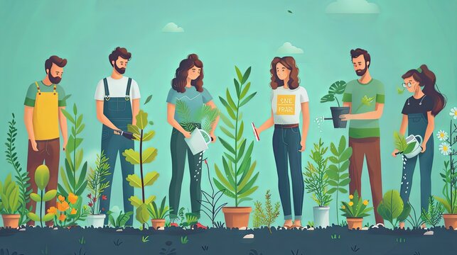 Save planet people poster. Men and women watering plants and picking up trash. Activists and volunteers care about narure and ecology, environment. Cartoon flat vector illustration