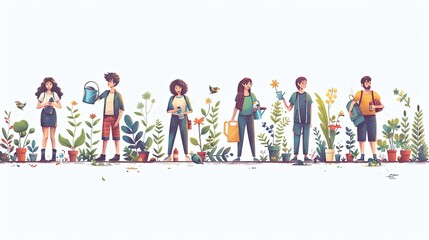 Save planet people poster. Men and women watering plants and picking up trash. Activists and volunteers care about narure and ecology, environment. Cartoon flat vector illustration