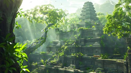 An ancient temple complex reclaimed by nature, with trees sprouting from its rooftops and reaching...