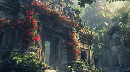 An ancient temple complex overgrown with vibrant flowers, creating a breathtaking natural tapestry