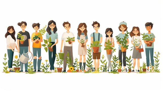 Save planet people poster. Men and women watering plants and picking up trash. Activists and volunteers care about narure and ecology, environment. Cartoon flat vector illustration