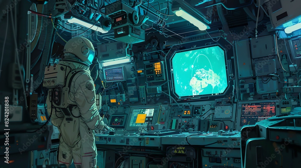 Poster astronaut in a futuristic control room. he is wearing a white spacesuit with a blue and red stripe o