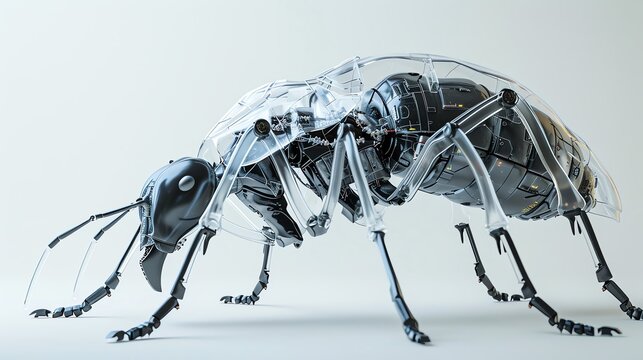 Close-up of a futuristic, transparent robotic ant with intricate