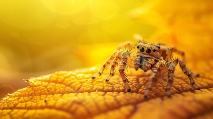 Fototapeta premium Detailed macro image of a jumping spider on a vibrant yellow leaf, highlighting intricate patterns, soft sunlight filtering through