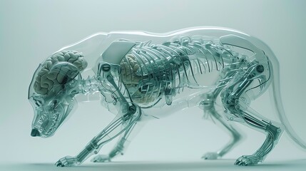 Detailed side view of a transparent canine skeleton showing bone