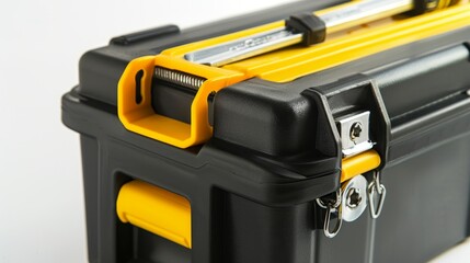 Close-up, robust toolbox with yellow accents, essential for home repairs, studio lighting, isolated on white, durable organizer