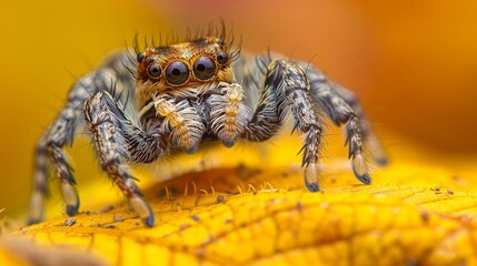 Close-up shot of a jumping spider perched on a sun-yellow leaf, detailed eyes and body, sharp focus on textures, blurred natural background