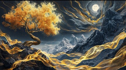 Contemporary 3D mural, night landscape, shadowy mountains, grand golden tree, swirling gold waves, ethereal atmosphere
